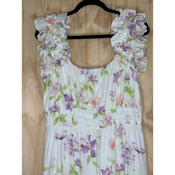 Biltmore Medium Linen Rayon Dress Ruffle StrapsTiered Pockets Cottagecore - Picture 3 of 10